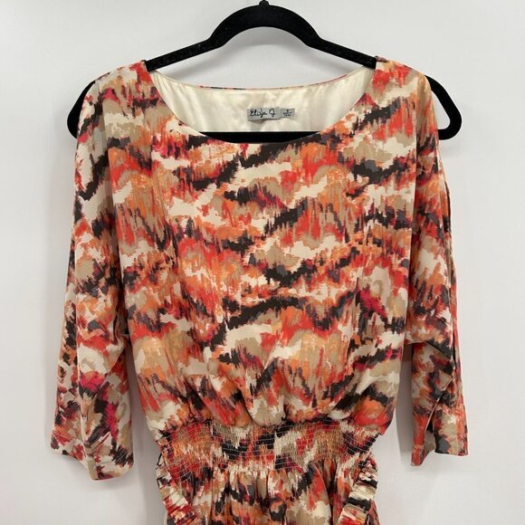 ELIZA J Orange Brown Cream Smock Waist 3/4 Sleeve Cold Shoulder Sheath Dress 8 - Picture 4 of 9